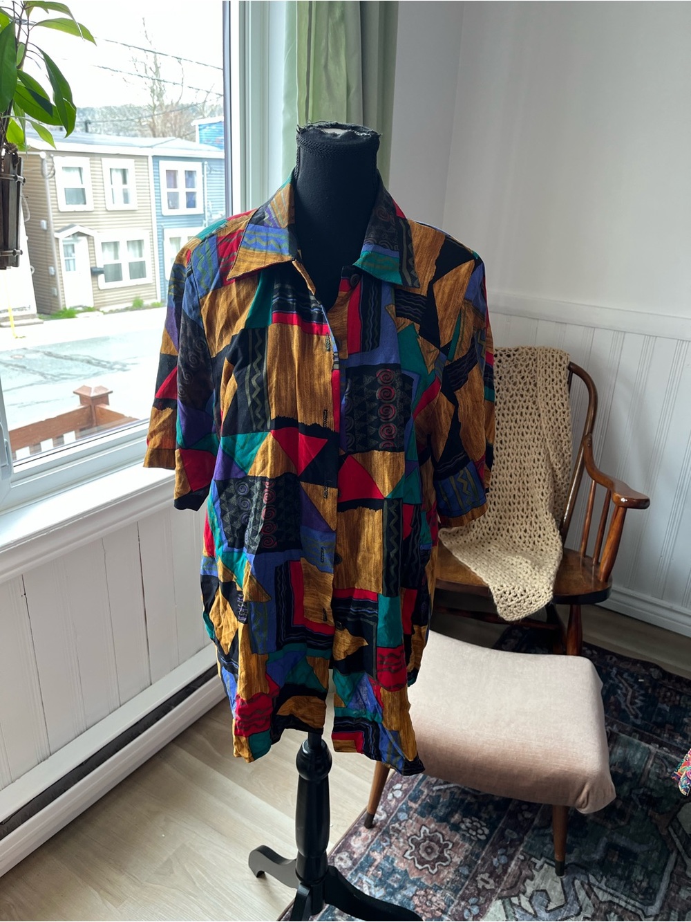 Vintage Multicolor Short-Sleeve Button Shirt - Bold Abstract Print - unisex